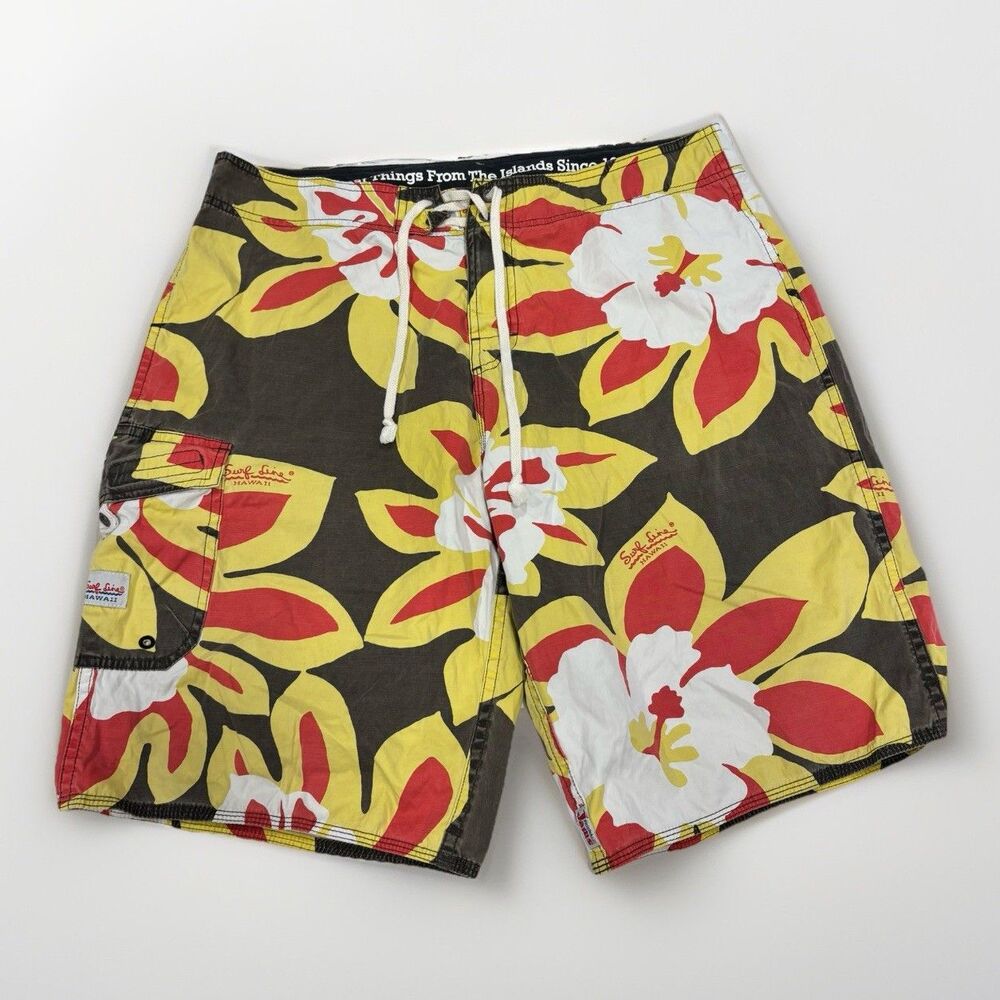 Surf Line Hawaii Jams Swim Trunks Mens Size 34 Yellow Red Swim Beach 10” Inseam